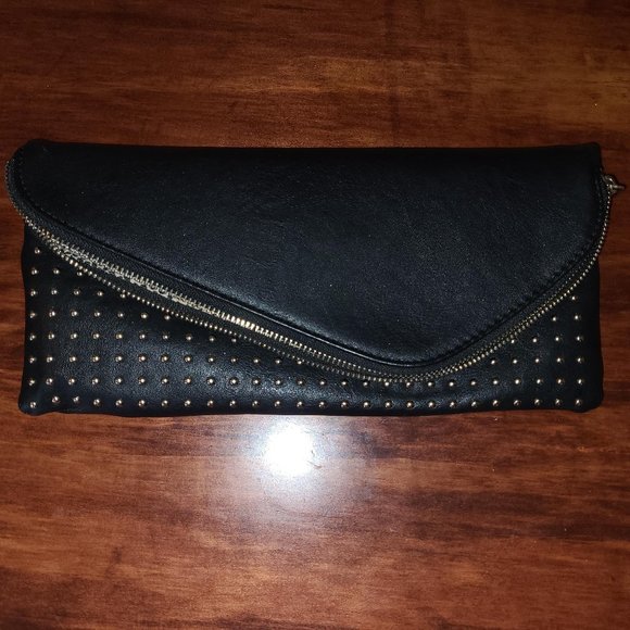 JustFab Black & Gold Studded PU Vegan Leather Clutch Fold Over Biker Punk Goth - Picture 1 of 12